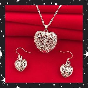 925 Silver Heart Necklace & Earrings Set